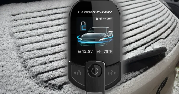 The Compustar T13 Remote Starter hovering in the air in front of a car with snow all over it