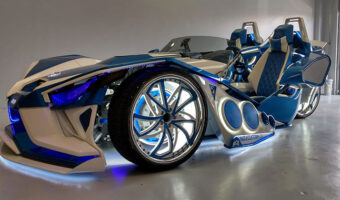 Slingshot car with futuristic lighting and color scheme