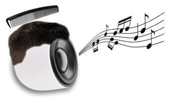 A car audio speaker with a wig on top of it and a camb poised above the wig with a music melody streaming out of it