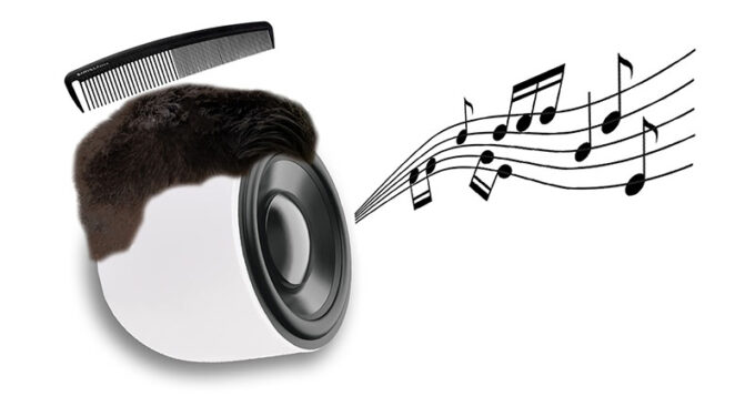 A car audio speaker with a wig on top of it and a camb poised above the wig with a music melody streaming out of it