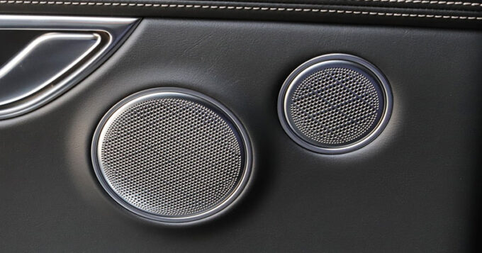 Car audio speakers installed in a door
